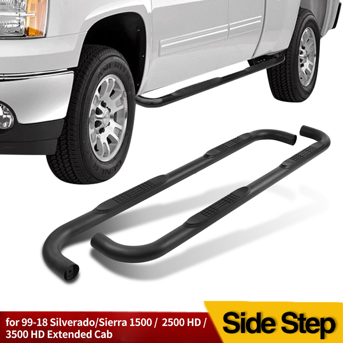 Fit 99-18 Silverado Sierra Extended Cab 3″ Black Round Side Step Nerf Bars Steel