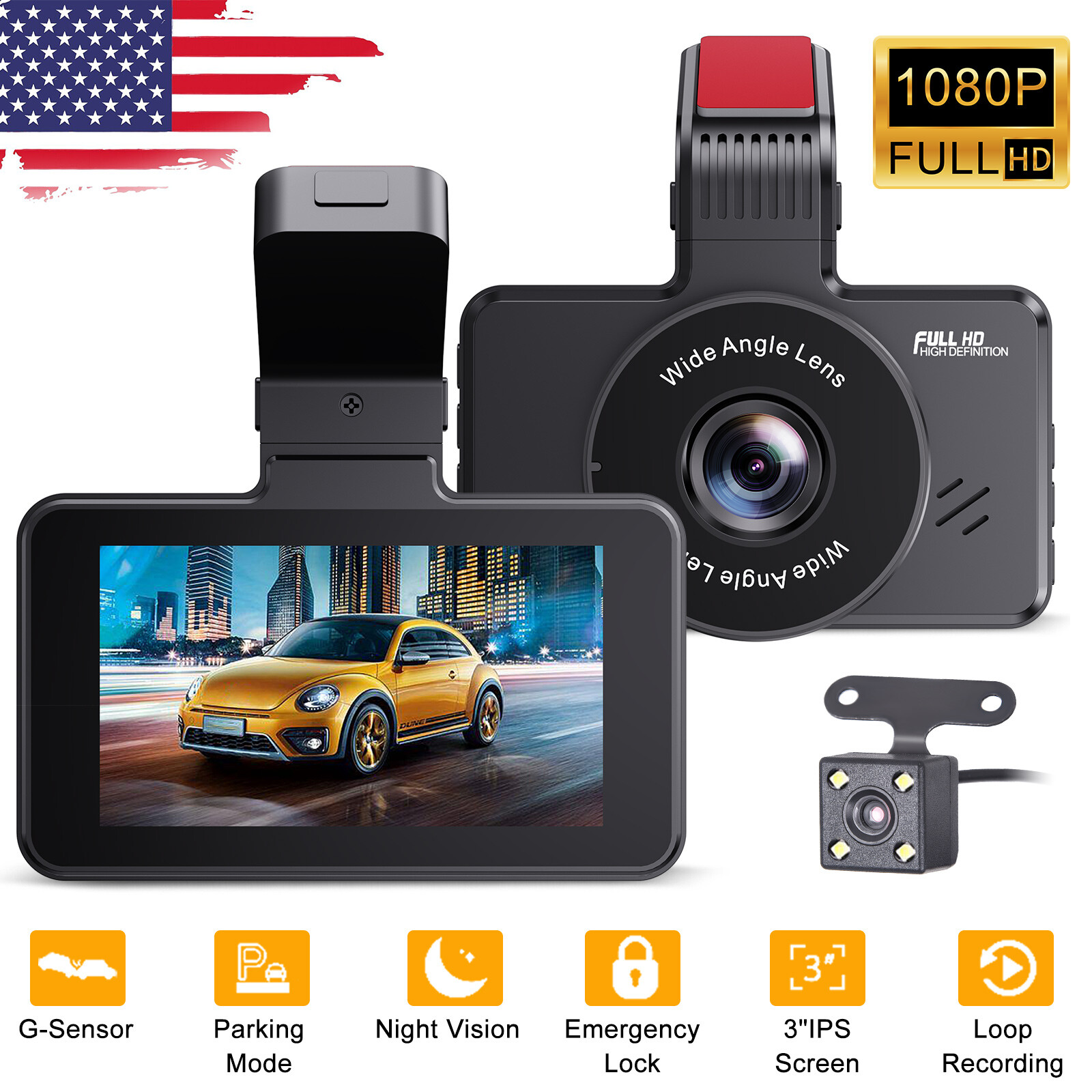 XGODY FHD 1080P 3 in Dash Cam Car DVR Front & Rear Camera Night Vision G-sensor