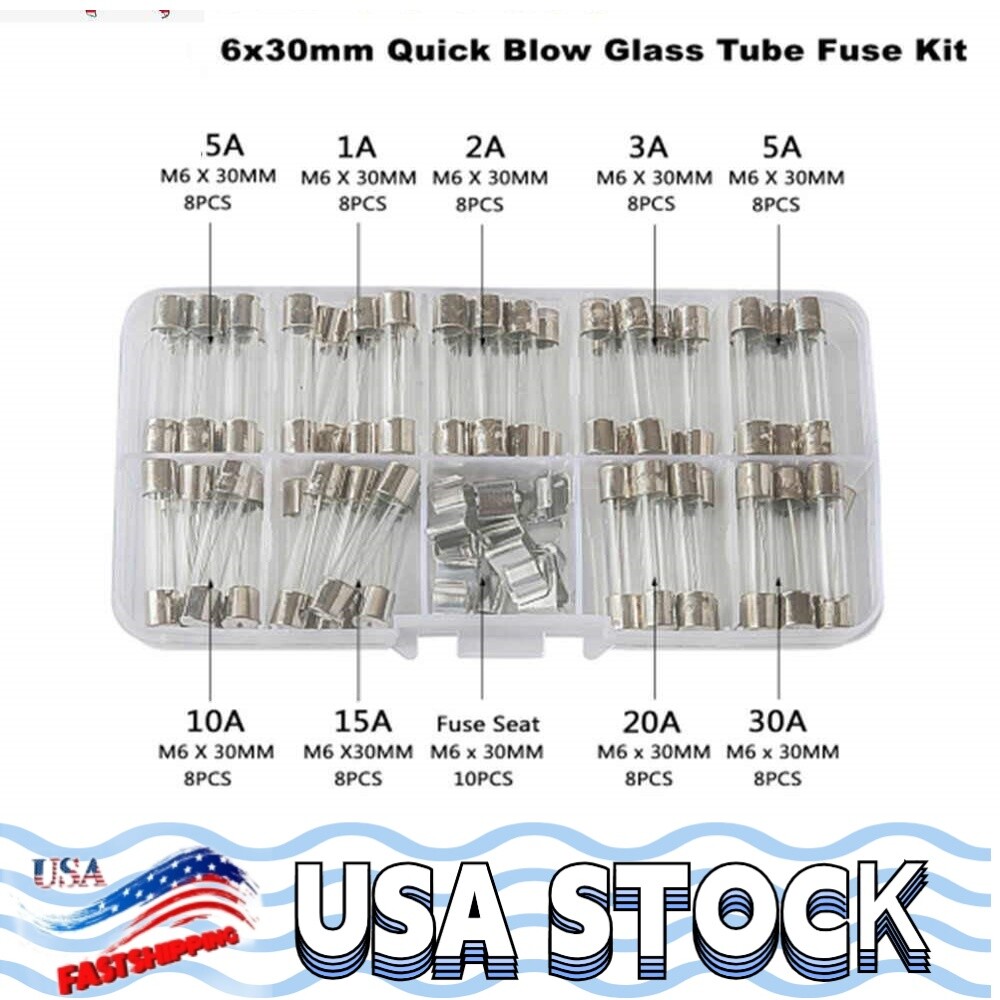AGC Auto Glass Fuse 0.5A to 30A ( 6mm X 30mm) Kit (9)Assorted Sizes W/Box 72 Pcs