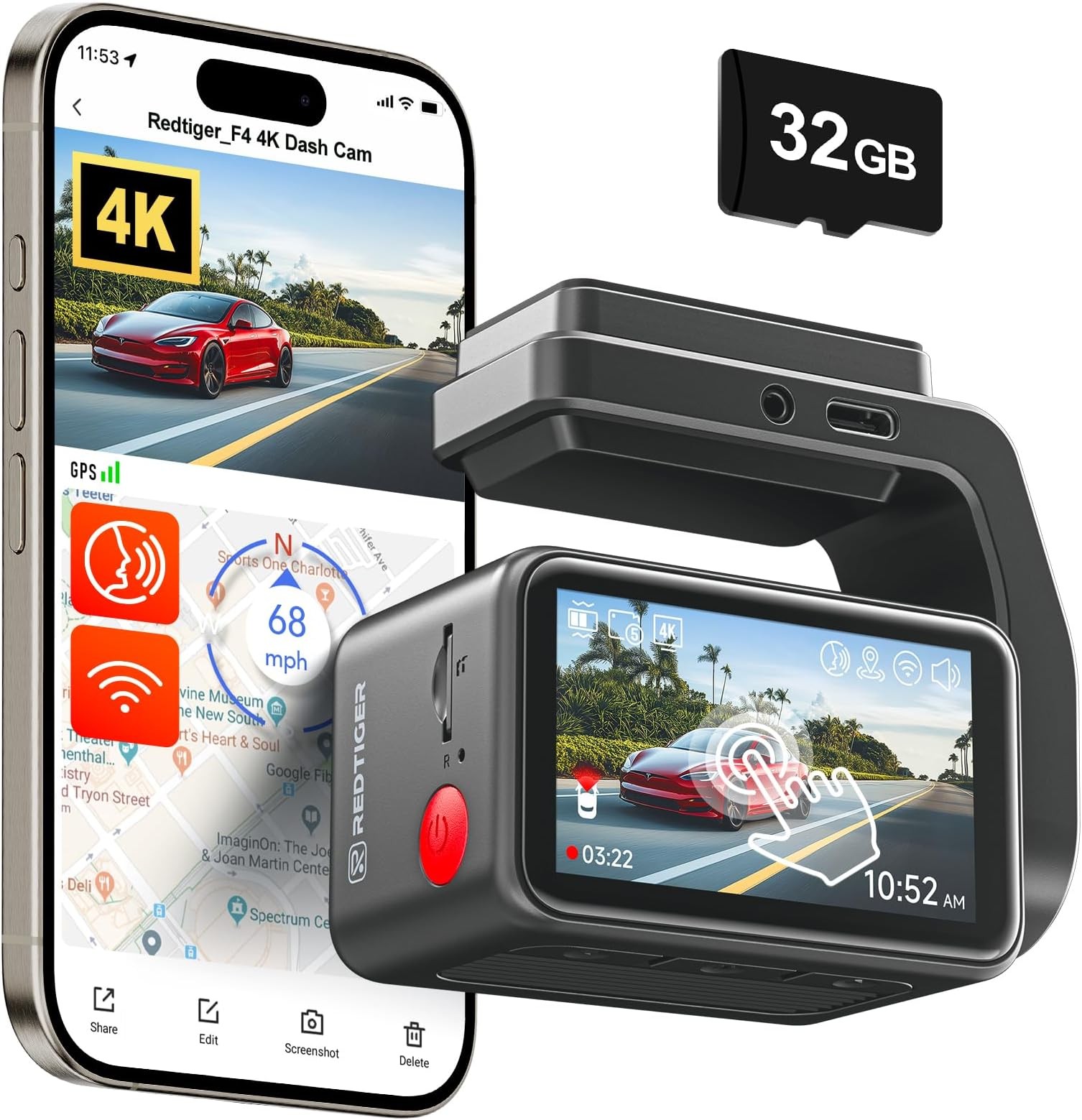 REDTIGER F4 32GB Dash Cam Front & Rear 4K Dash Camera 5.8GHz WiFi 2″Touch Screen