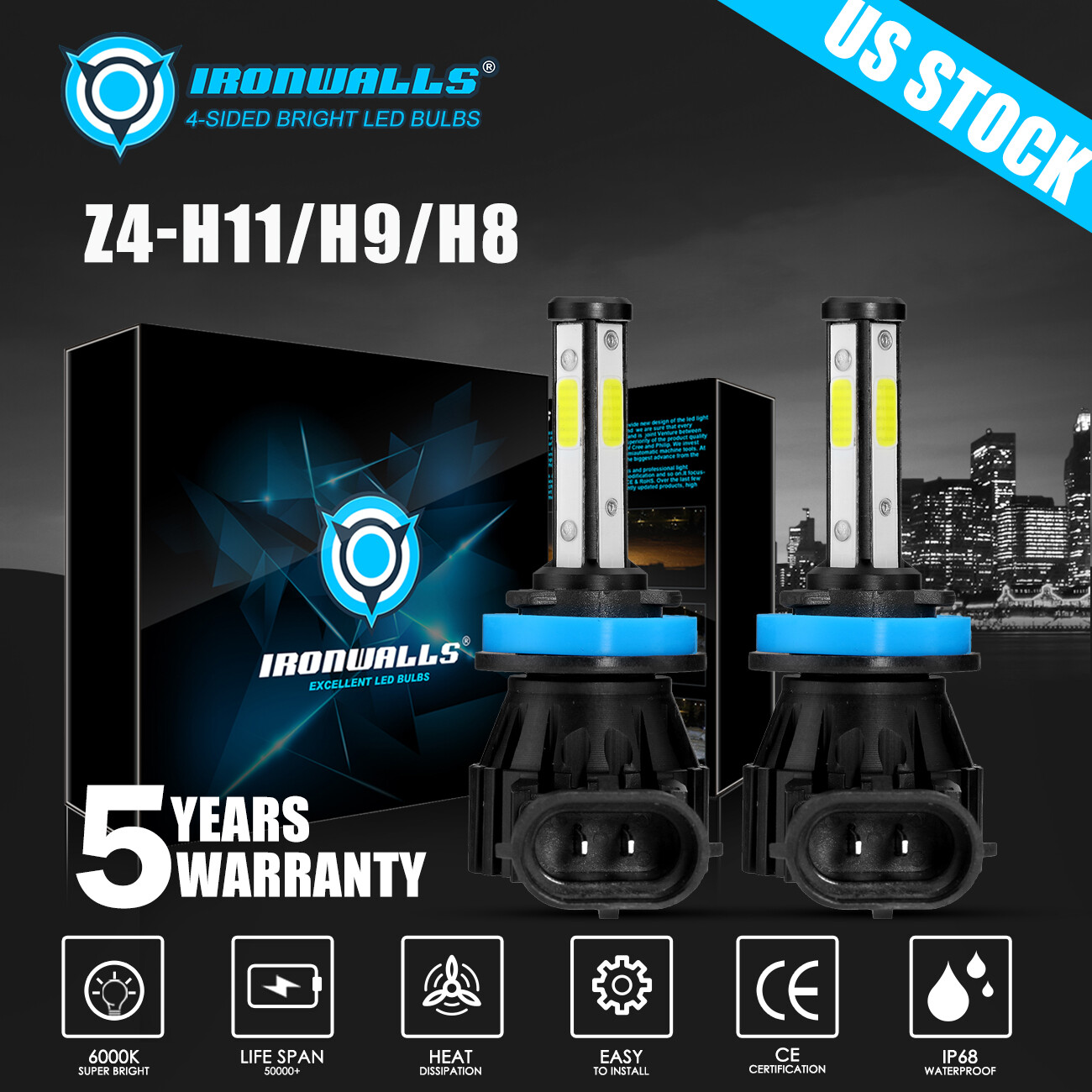 IRONWALLS H11 H9 LED Headlight High/Low Beam Super Bright 6500K White 360000LM