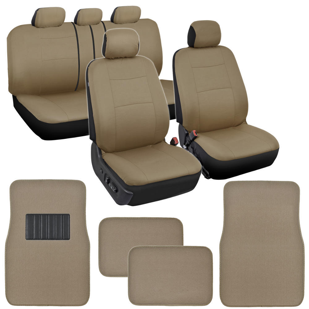 Car Seat Covers Interior Set w/ Front & Rear Carpet Floor Mats Solid Beige Tan