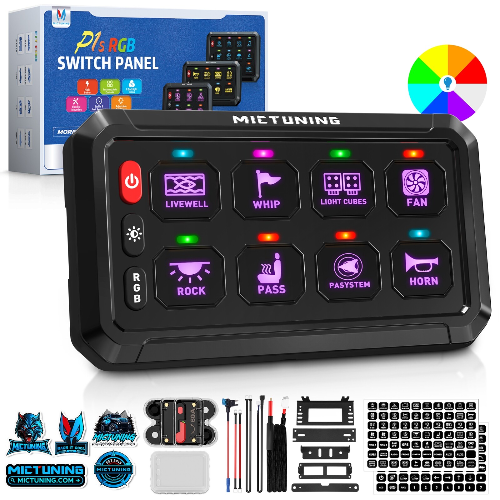 MICTUNING RGB 8 Gang Switch Panel 12V LED Light Circuit Relay Control Box Marine