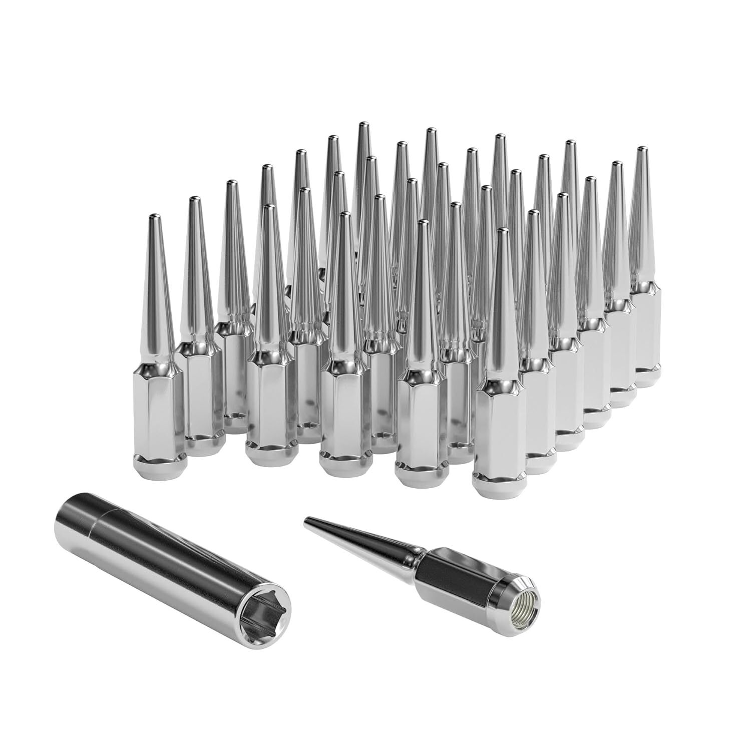 32Pcs 14×1.5 Spike Lug Nuts Chrome 4.5″ w/ Key For Chevy Silverado 2500HD 3500