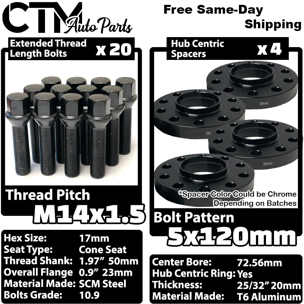 4x 20mm Thick 5×120 72.56mm C.B Wheel Spacer Black Bolt 14×1.5 BMW X3 X5 & More
