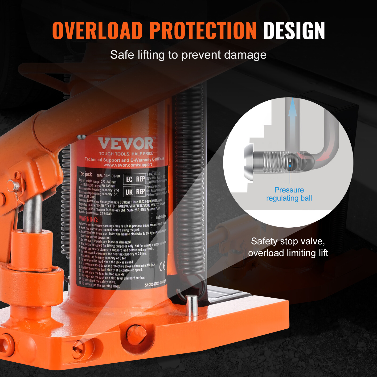 VEVOR Hydraulic Machine Toe Jack Lift Lifting Capacity 2.5 Ton Toe 5 Ton Top
