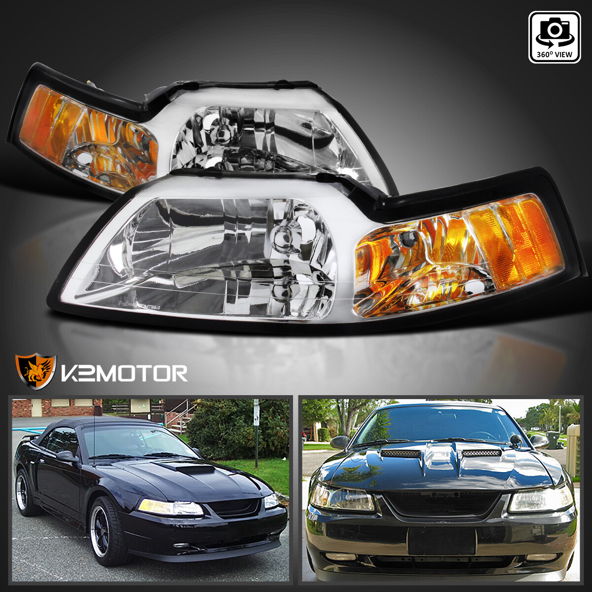 Fits 1999-2004 Ford Mustang Replacement Headlights Head Lamps Left+Right 99-04