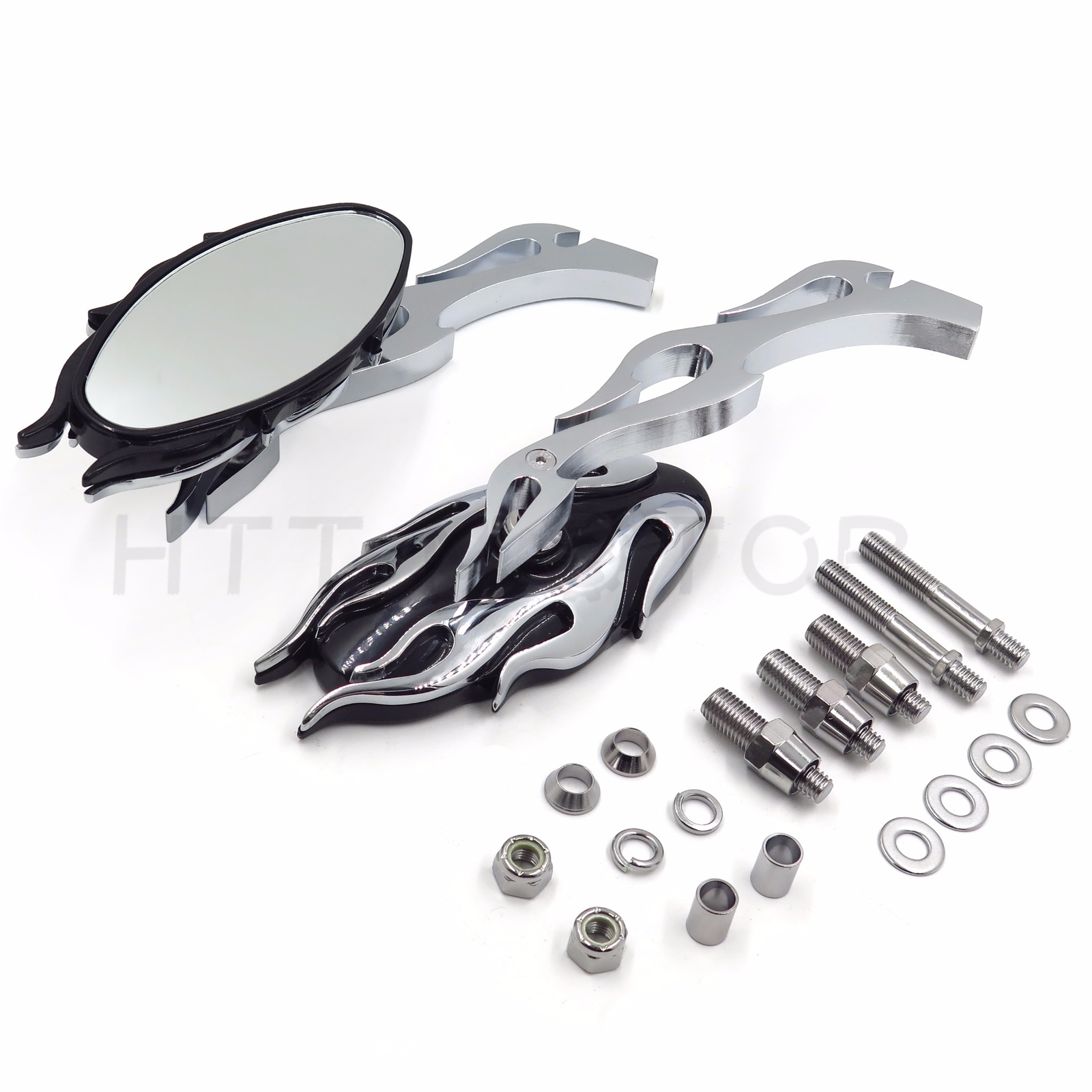 CHROME CNC FLAME MOTORCYCLE CRUISER CHOPPER CUSTOM REARVIEW SIDE MIRROR 8MM 10MM
