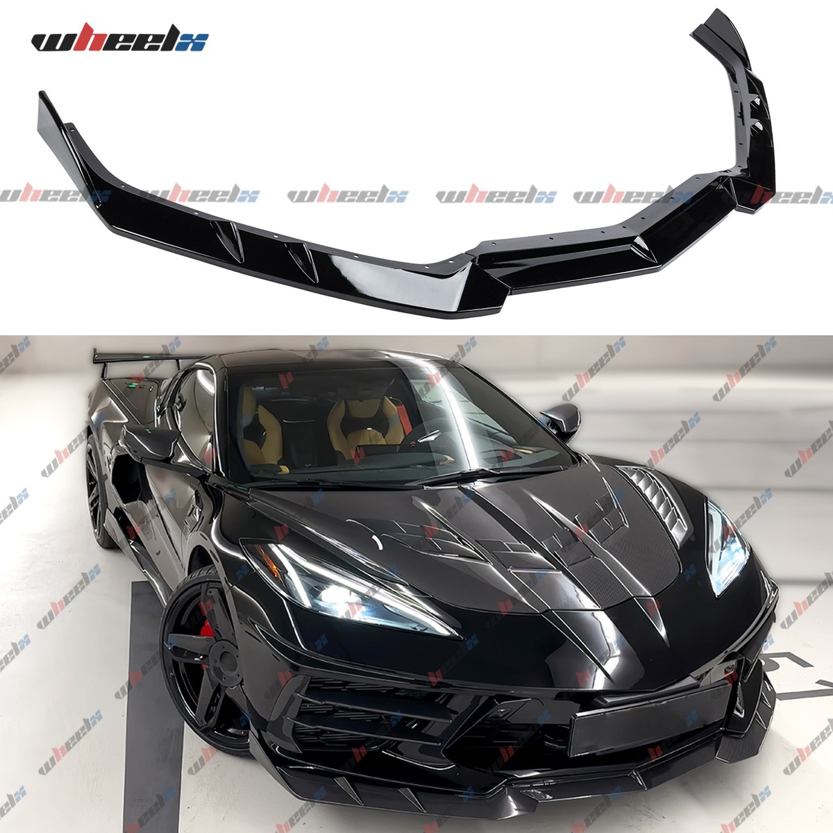 For Corvette C8 2020-2026 Gloss Black Front Bumper Lip Splitter 5VM Style 3PCS