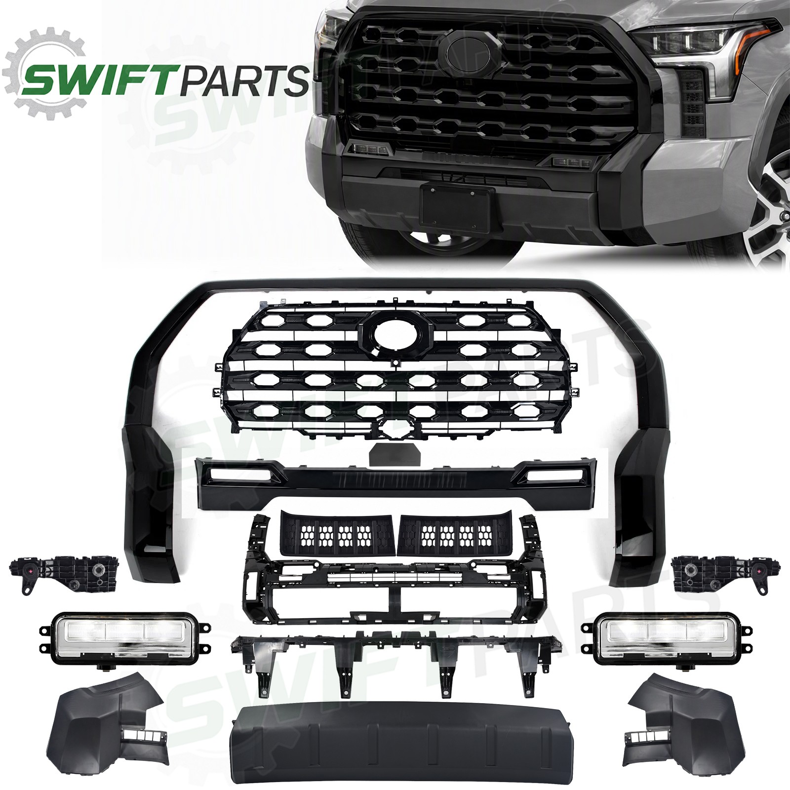 Front Bumper Grille Set For 2022-25 Toyota Tundra Black w/Fog Light/Grill Trim