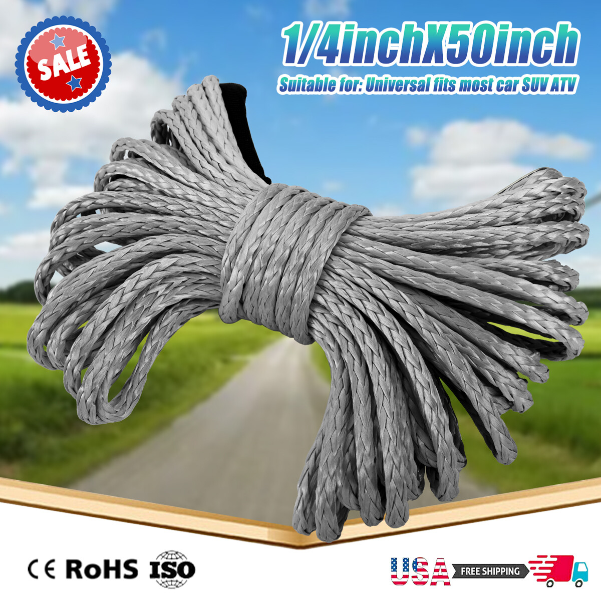 1/4″x50′ 10000LBS Synthetic Winch Rope Recovery Cable 4WD ATV UTV w/ Sheath US
