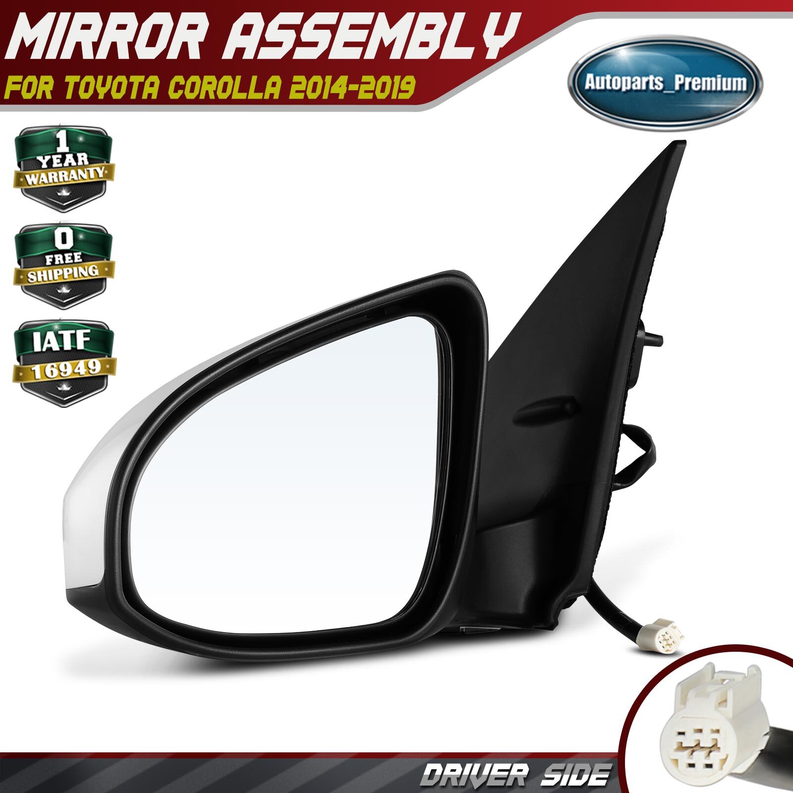 White Driver Left Manual Folding Mirror with 3 pin for Toyota Corolla 2014-2019
