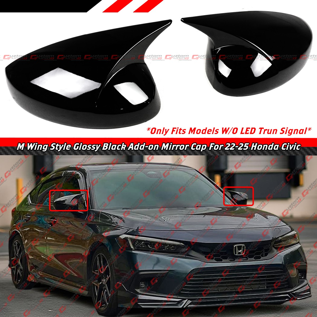 For 22-26 Honda Civic M Wing Style Gloss Black Side Mirror Cover Caps W/O Light