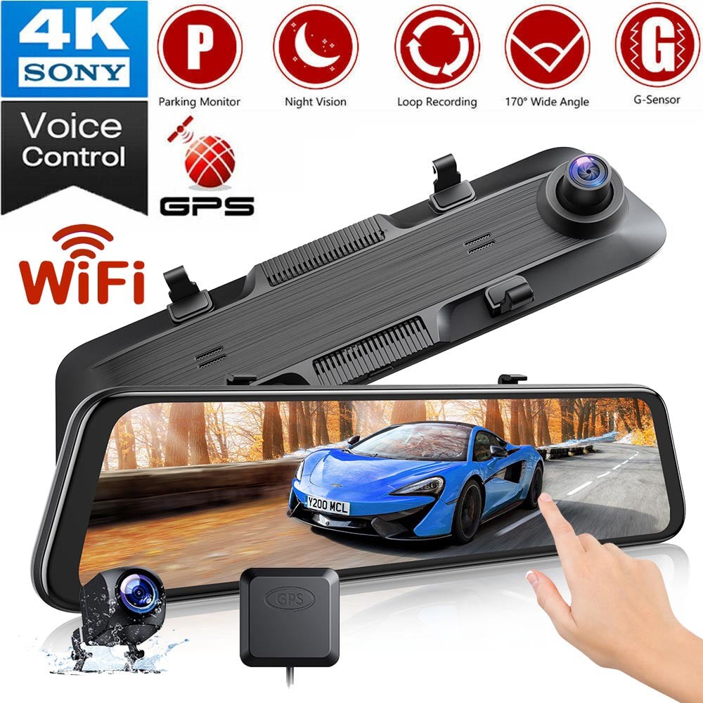 4K Front 1080P Rear Wifi Car DVR Dash Cam 12″ Touch IPS Rearview Mirror Camera