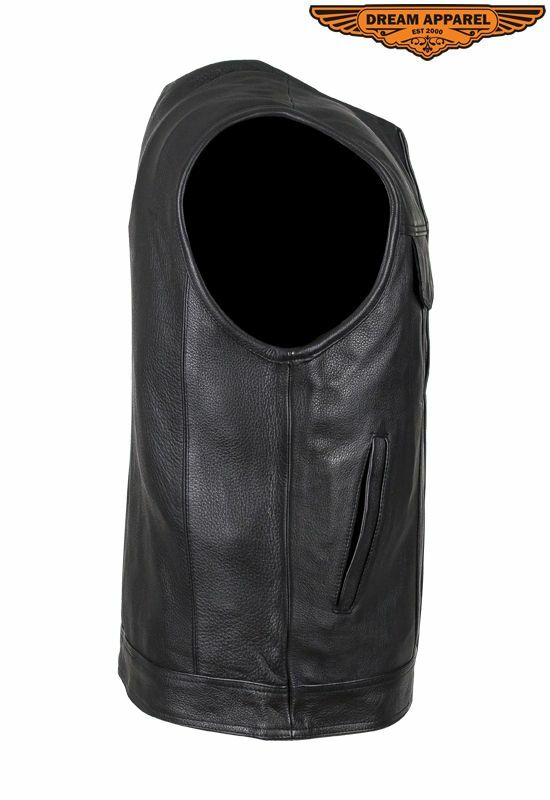 Men’s Motorcycle Leather Vest Zippered & Button-Snap Front Closure w/ Pockets