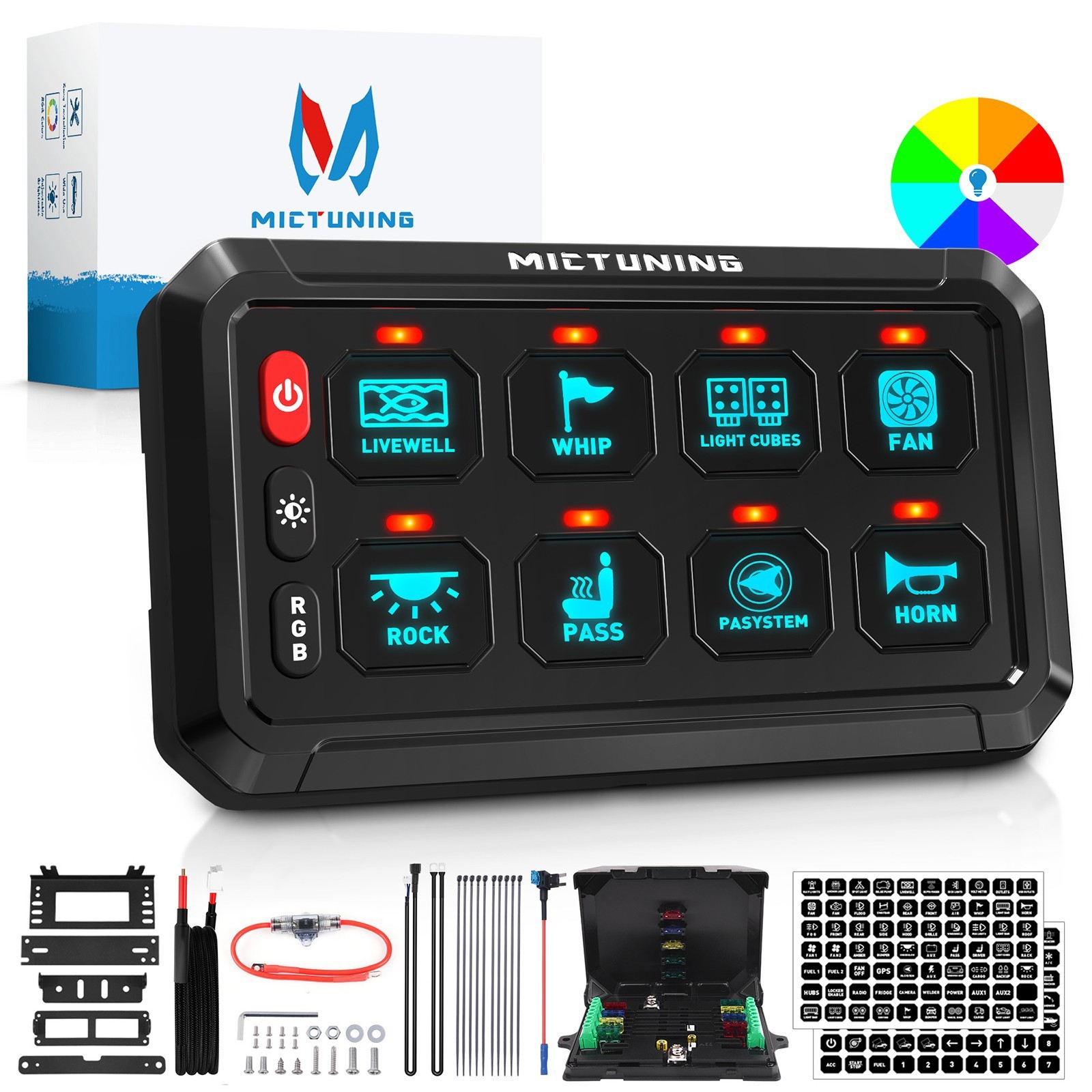RGB 8 Gang Switch Panel, Circuit Control Relay System Box for Truck Offroad Boat