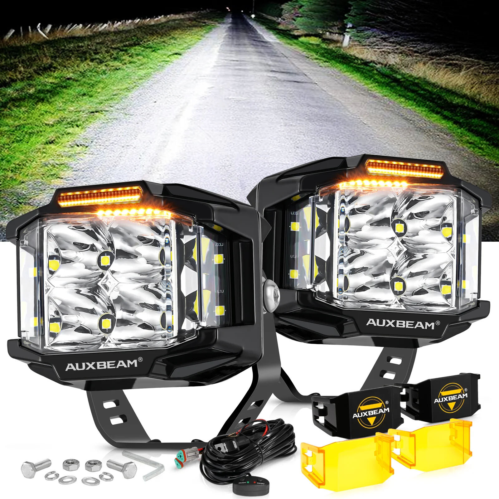 Auxbeam V-max 4″ LED Pods Work Lights Bar Cube Driving Lamp + Black Amber Covers