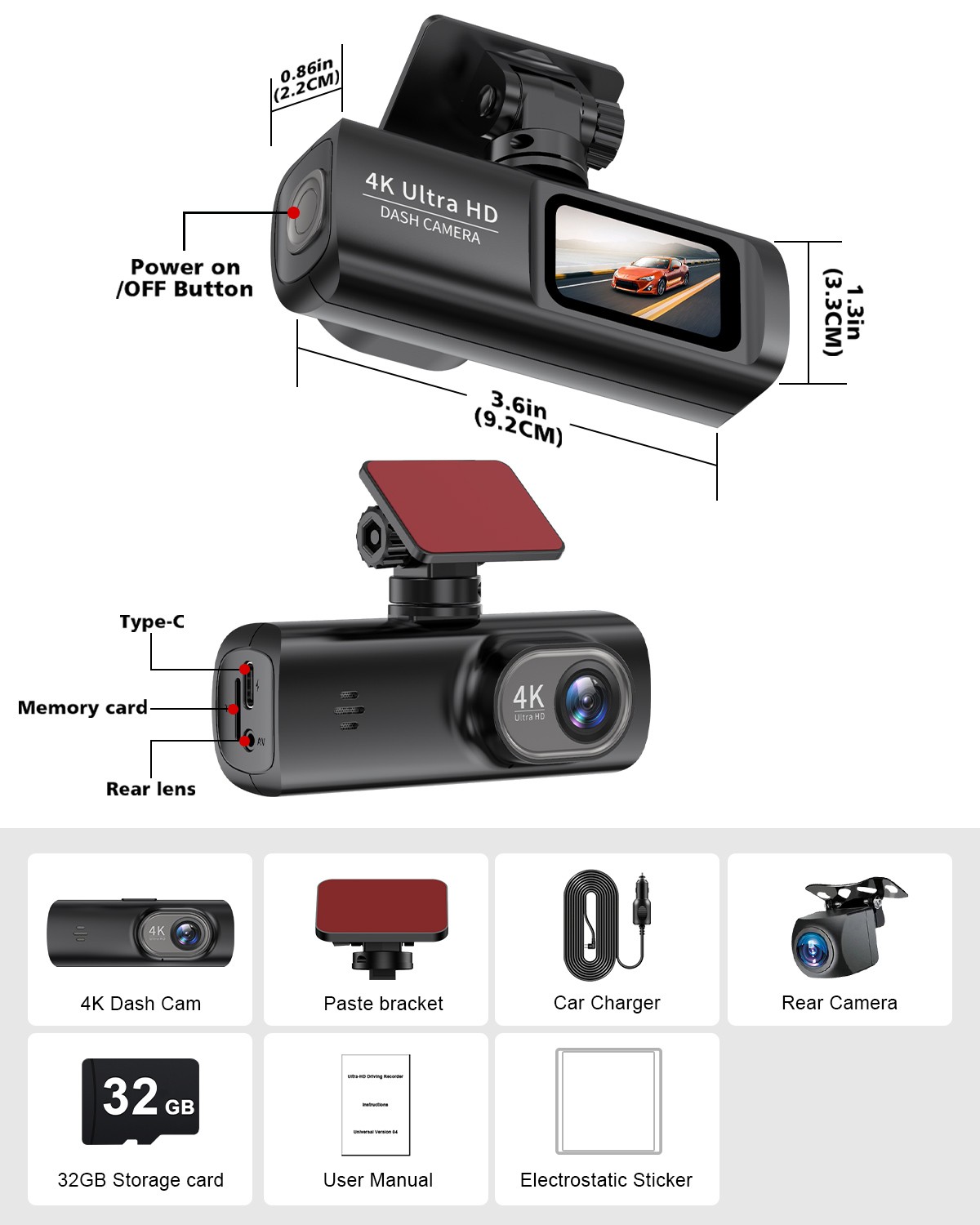 Soam Ultra 4K Front and Rear 1080P Dash Cam, Built-in WiFi, Free 32G Memory Card