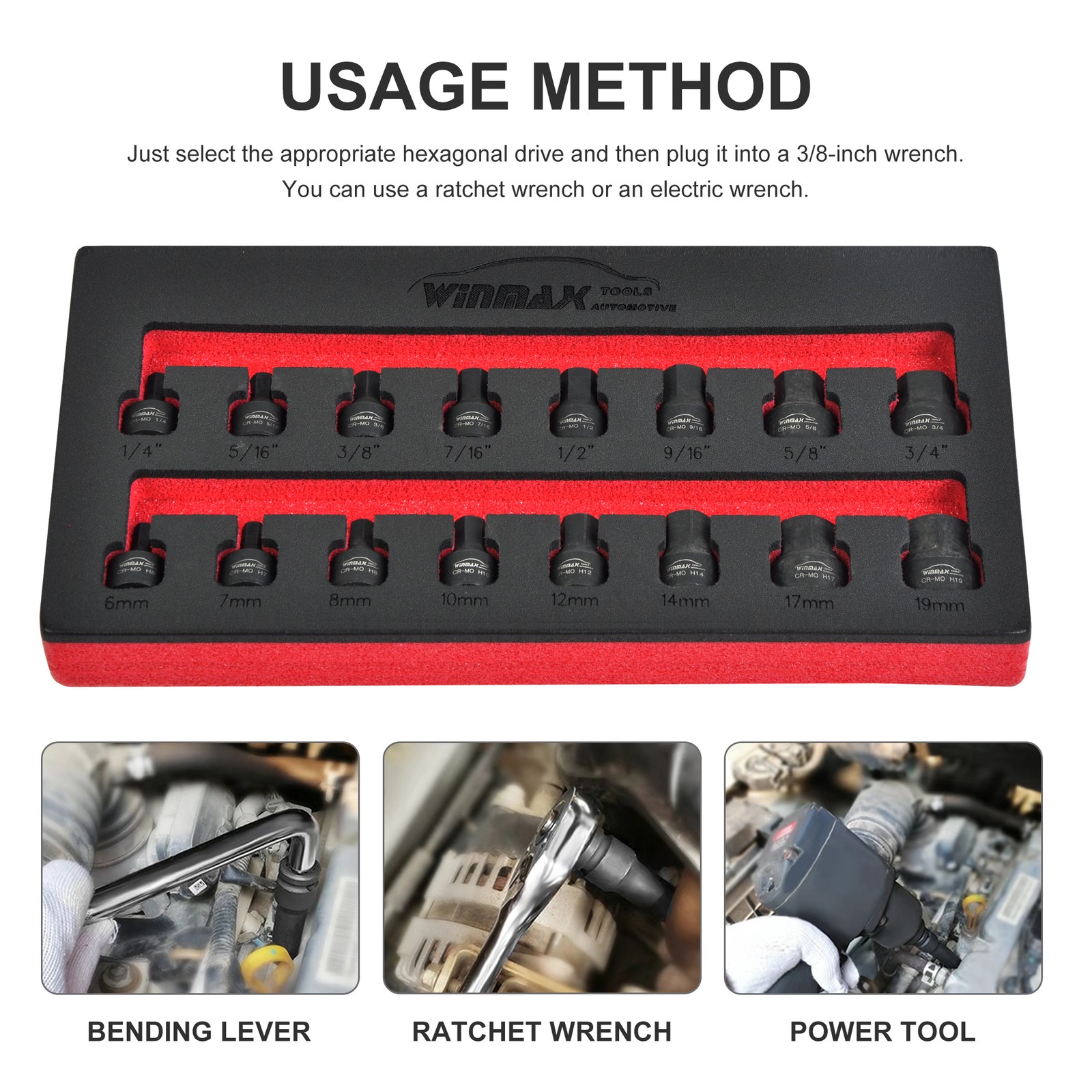 3/8″ Drive Low Profile Impact Hex Driver Set, Metric 6-19mm, SAE 1/4″-3/4″ 16pcs