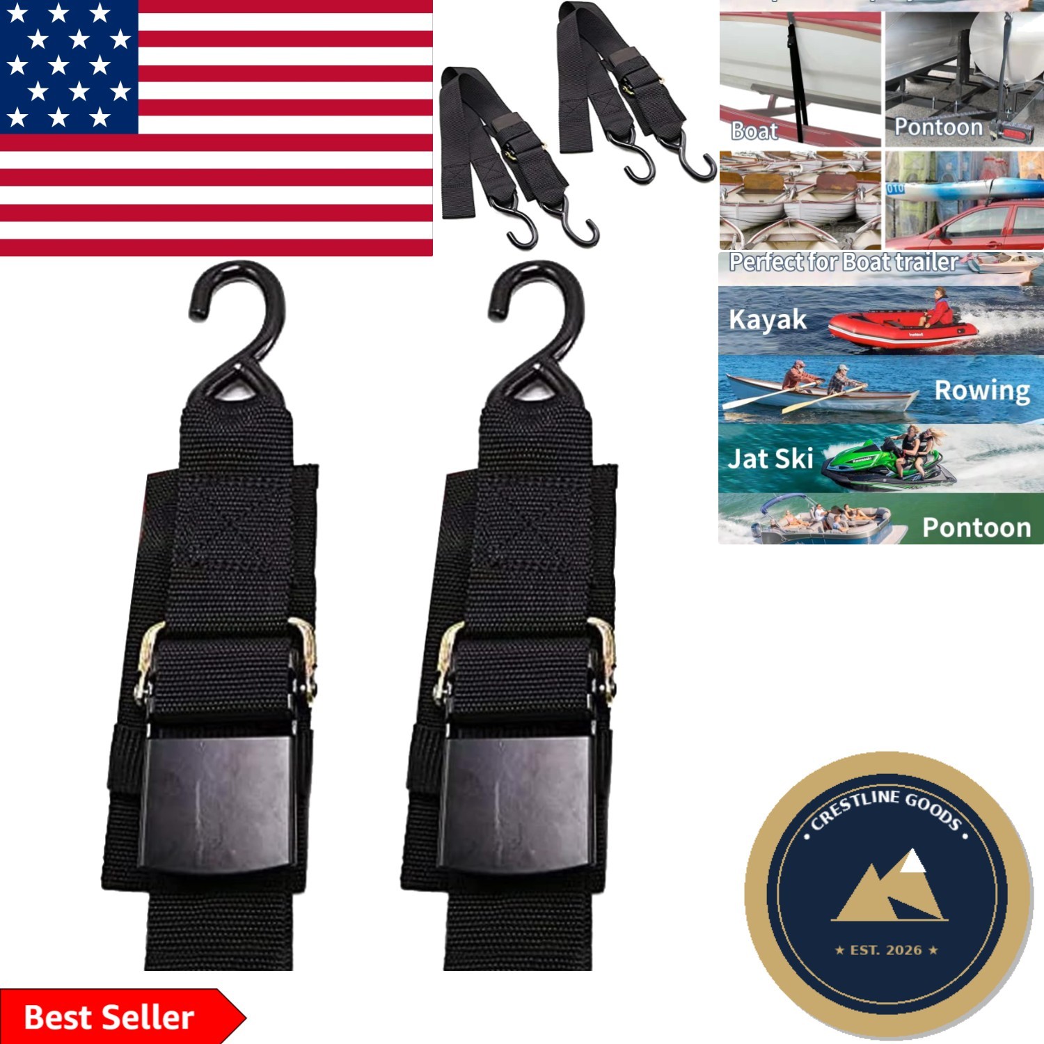 Durable 48″ Heavy-Duty Boat Transom Straps with Quick Release Buckle (1200 lb)