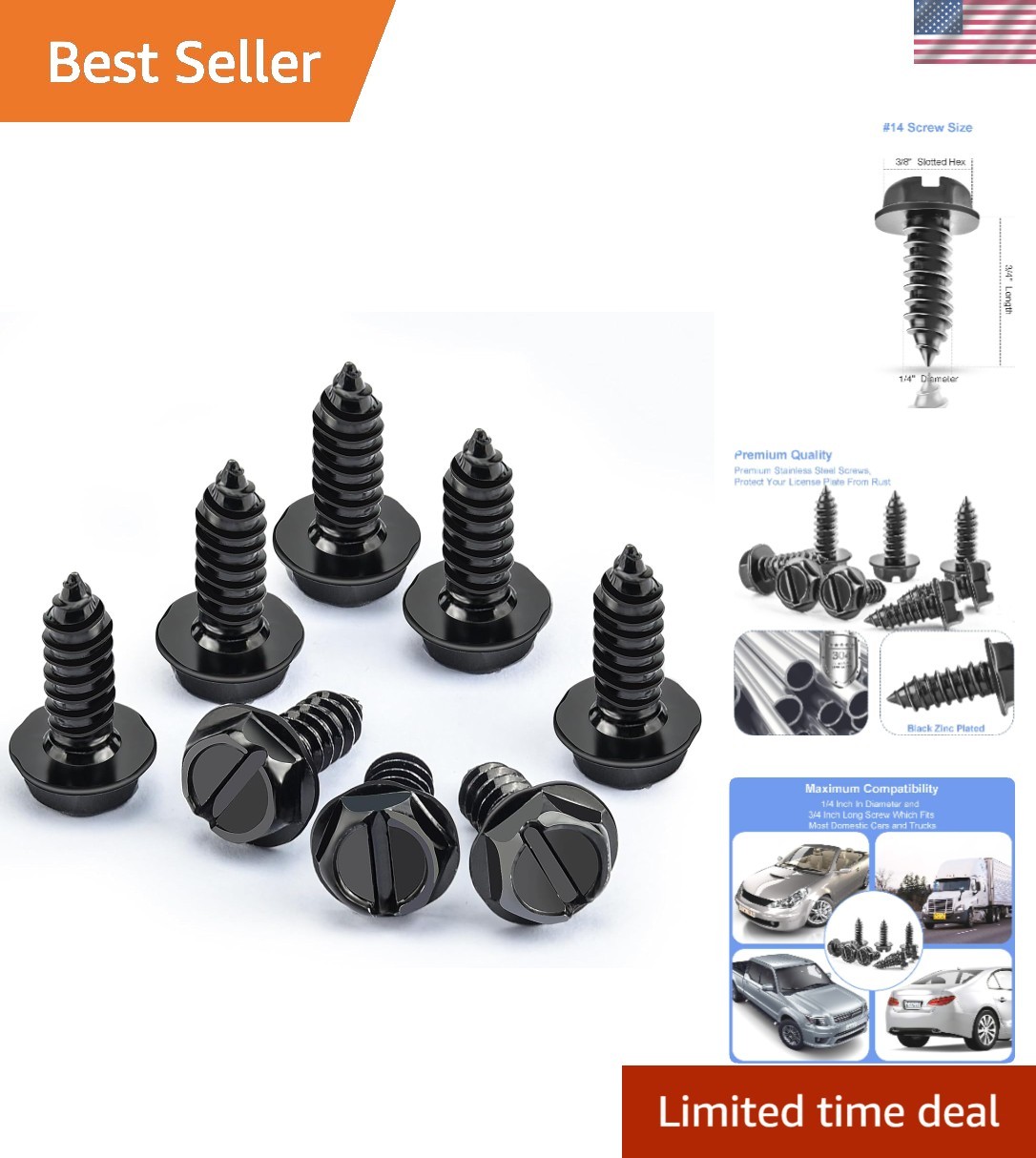 8pcs Hex Head License Plate Screws – Rust-Resistant and Stylish Black Design