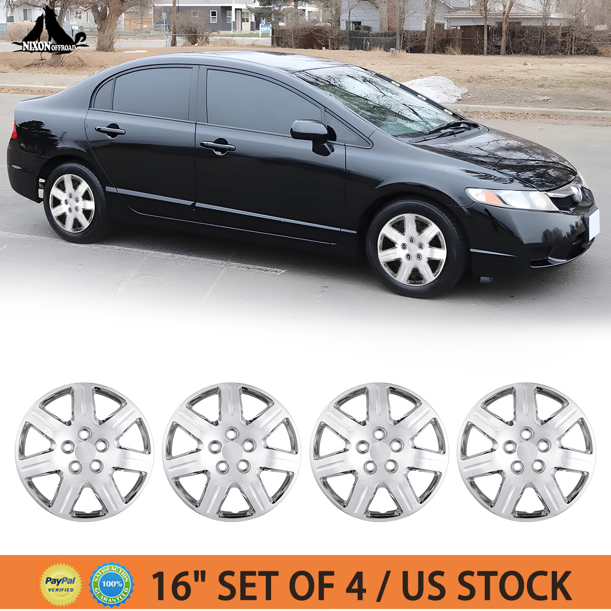 For 2006 2007 2008-2011 Honda Civic 16in Set of 4 Chrome Wheel Covers Hub Caps