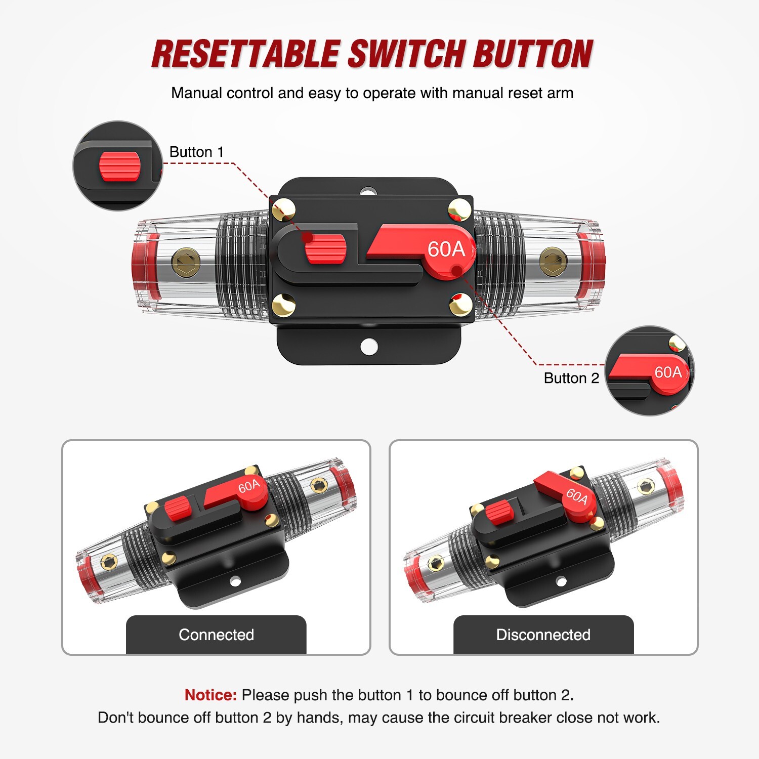 Nilight 60A Inline Circuit Breaker Resettable 12-24V DC Manual Reset Fuse Holder