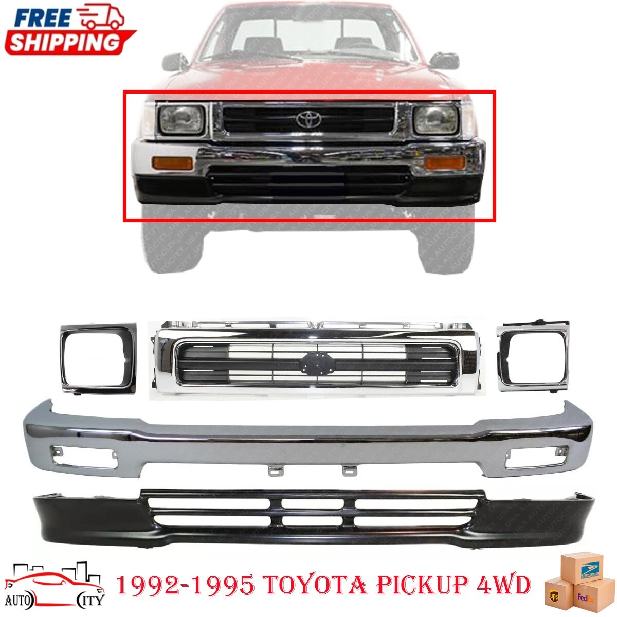 New Chrome Bumper Valance Grille Headlight Bezel for 1992-1995 Toyota Pickup 4wd