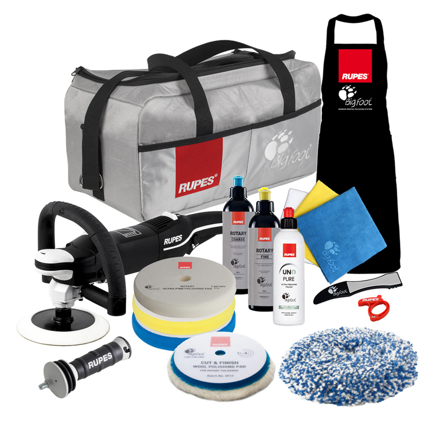 Rupes LH19E Rotary Polisher Complete Kit | Bigfoot Bag Combo w Pads and Polish