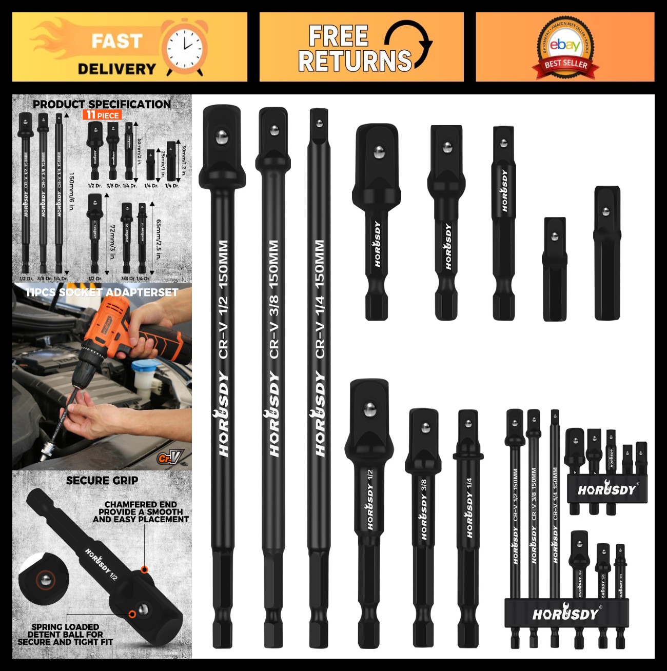 11-Piece Impact Socket Adapter Set – 1/4″ Hex Shank, Cr-V Steel Drill Extensions