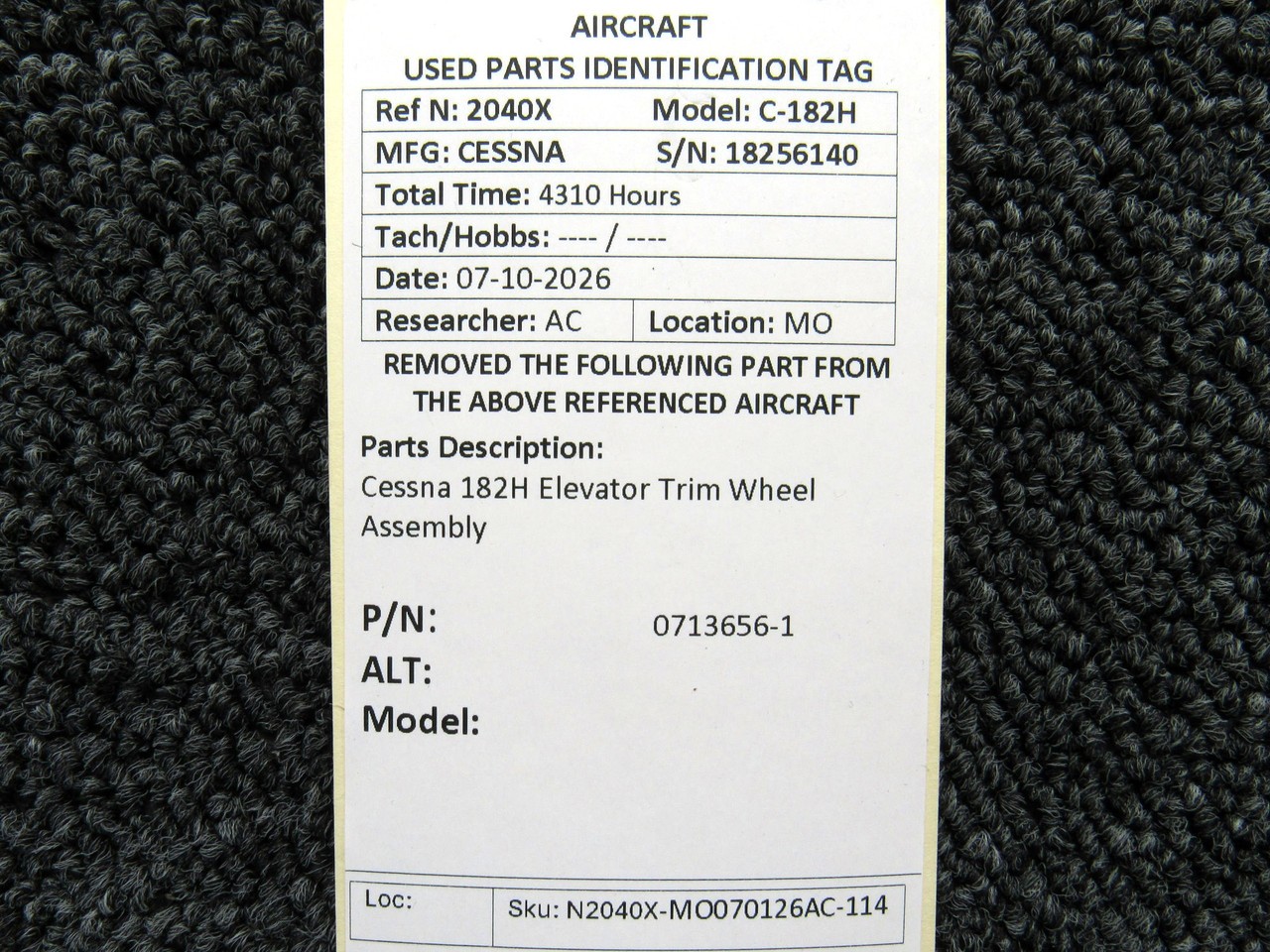 0713656-1 Cessna 182H Elevator Trim Wheel Assembly