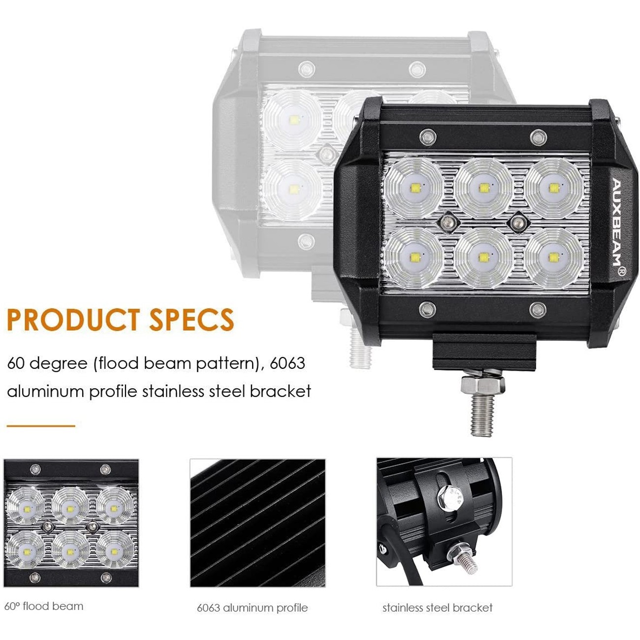 AUXBEAM 4″INCH 18W LED Work Light Bar Flood Pods Offroad Fog Lamp 4WD Pickup ATV