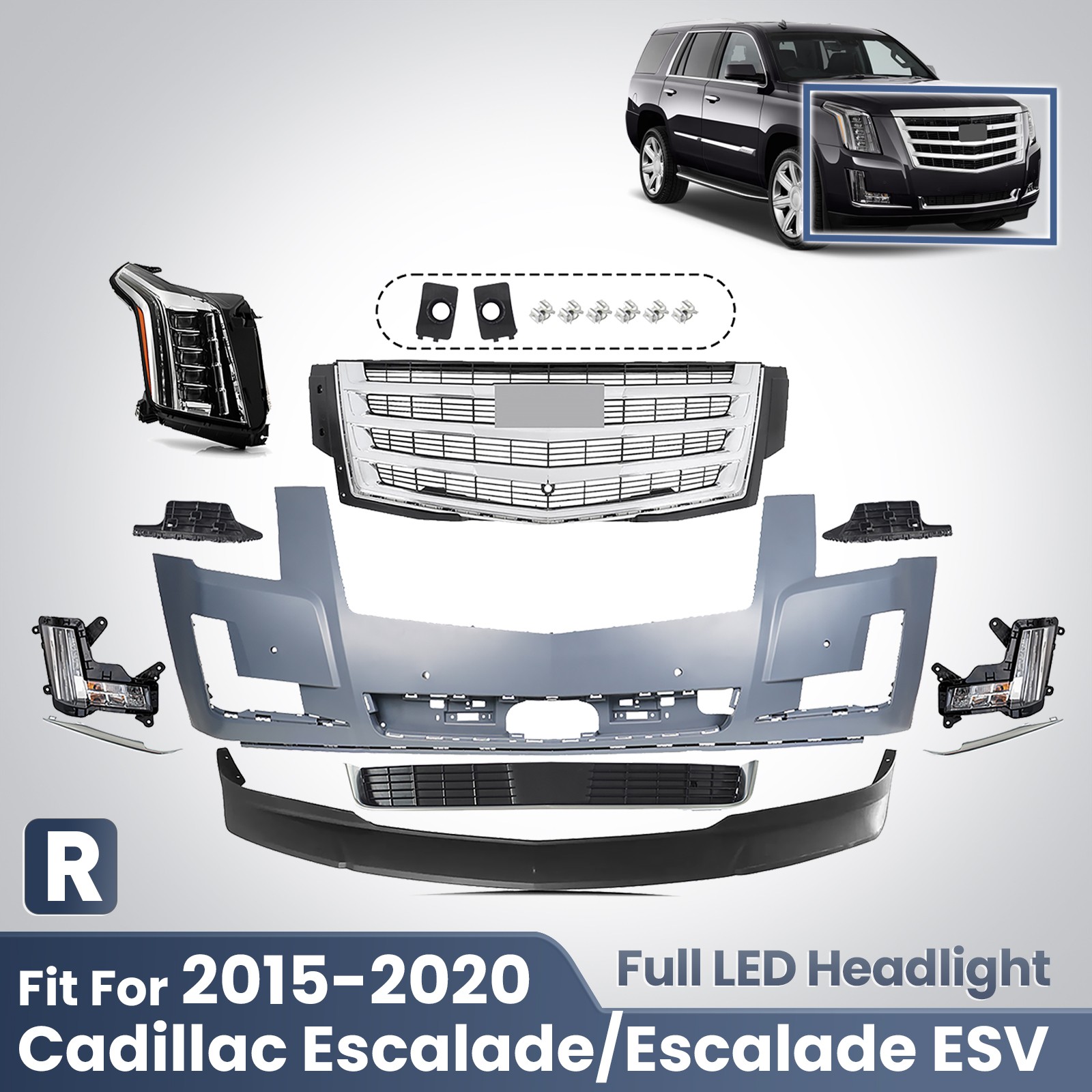 2015-2020 Cadillac Escalade Front Bumper Cover Grille Kit RH Full LED Headlight