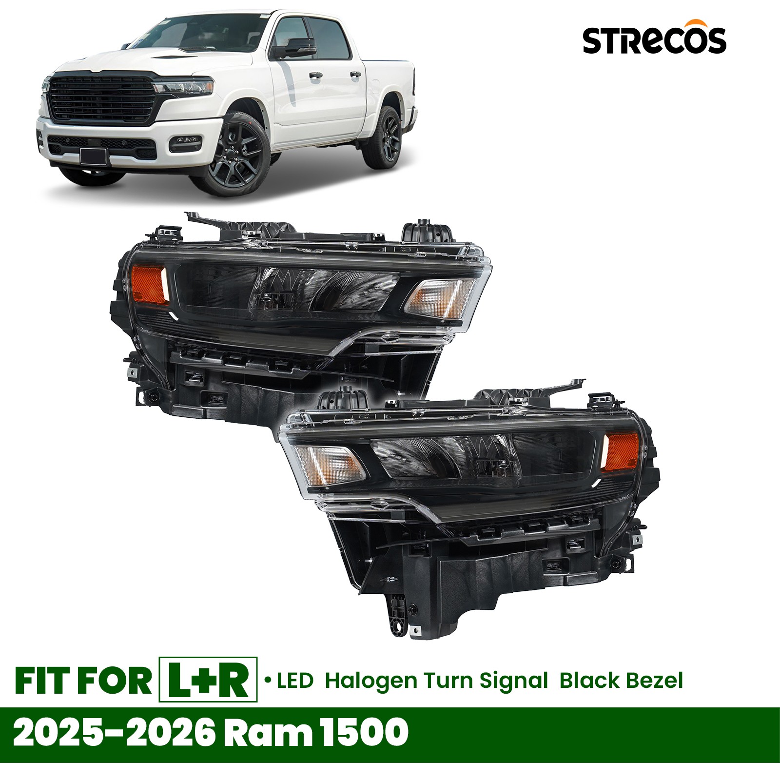 For 2025-2026 Ram 1500 LED Headlight Halogen Turn Signal Black Trim R+L Pair