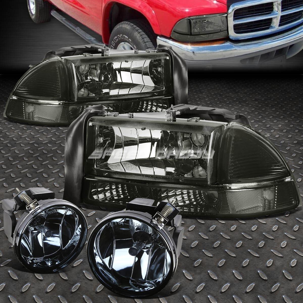 SMOKE LENS 4PC HEADLIGHT+BUMPER FOG LIGHT/LAMP FOR 01-04 DODGE DAKOTA/DURANGO