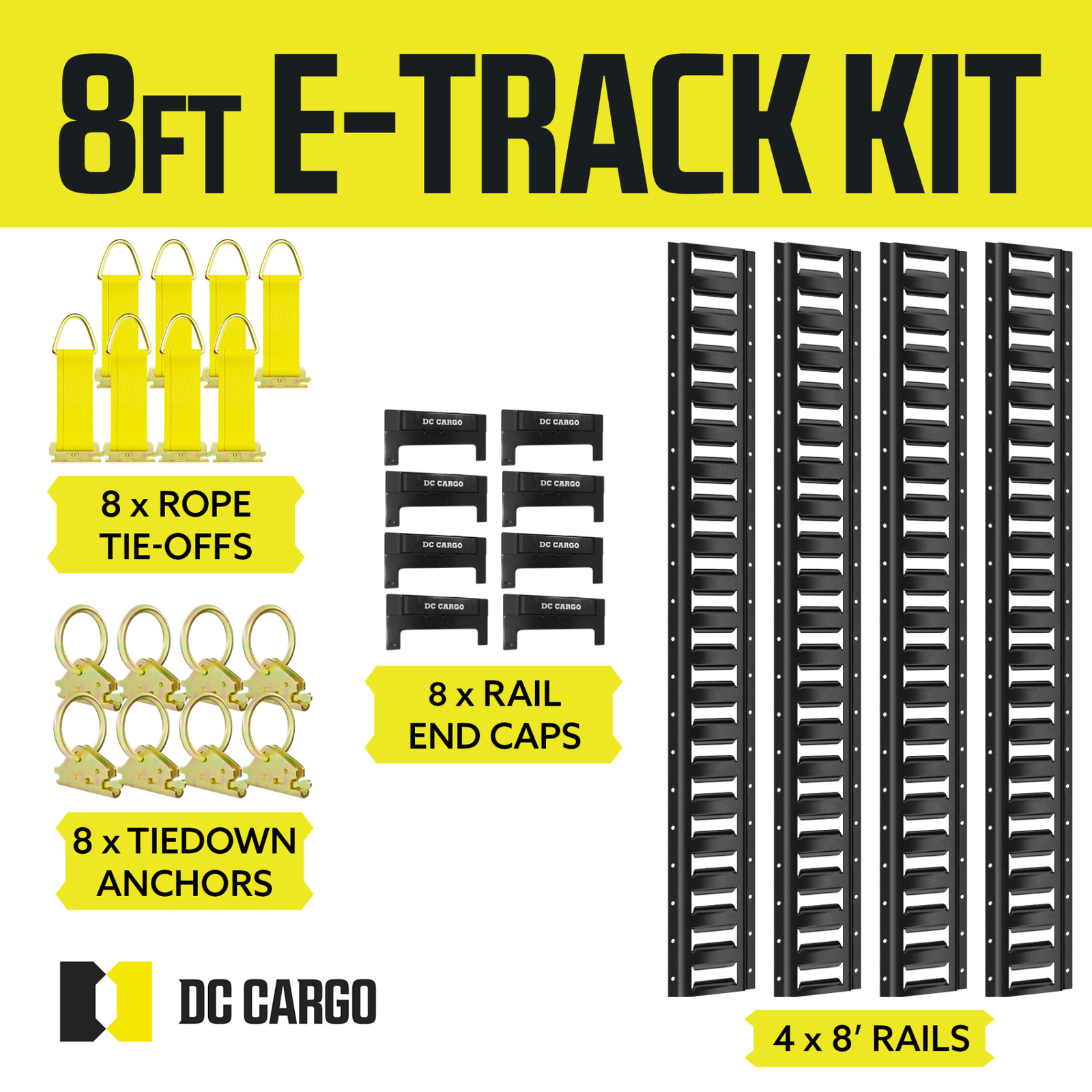 DC Cargo E Track Rails Tie-Down Kit 8′ Etrack Rail, E-track Rings, Anchors, Caps
