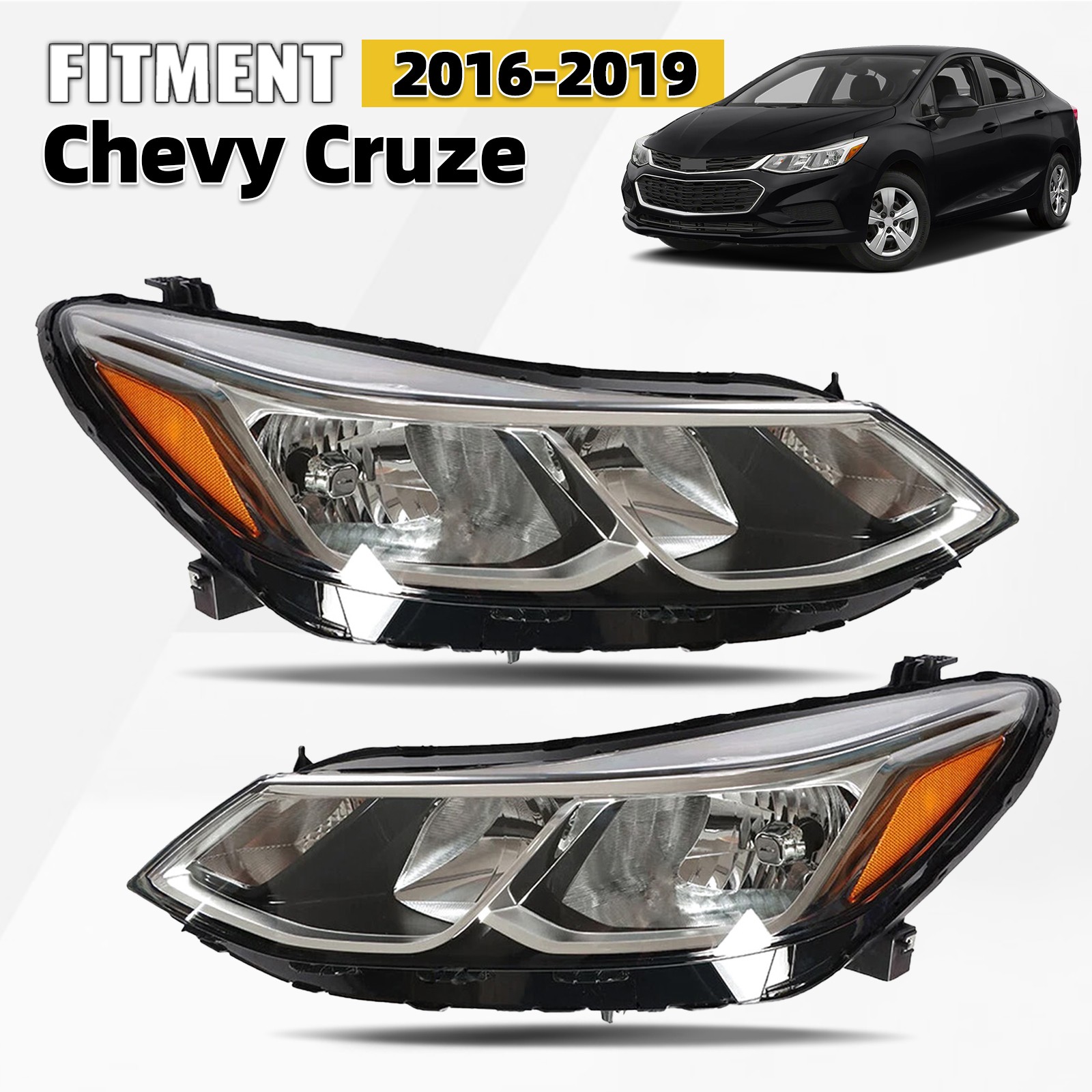 Halogen Headlights For 2016-2019 Chevy Cruze Left + Right Pair w/ Bulbs Chrome