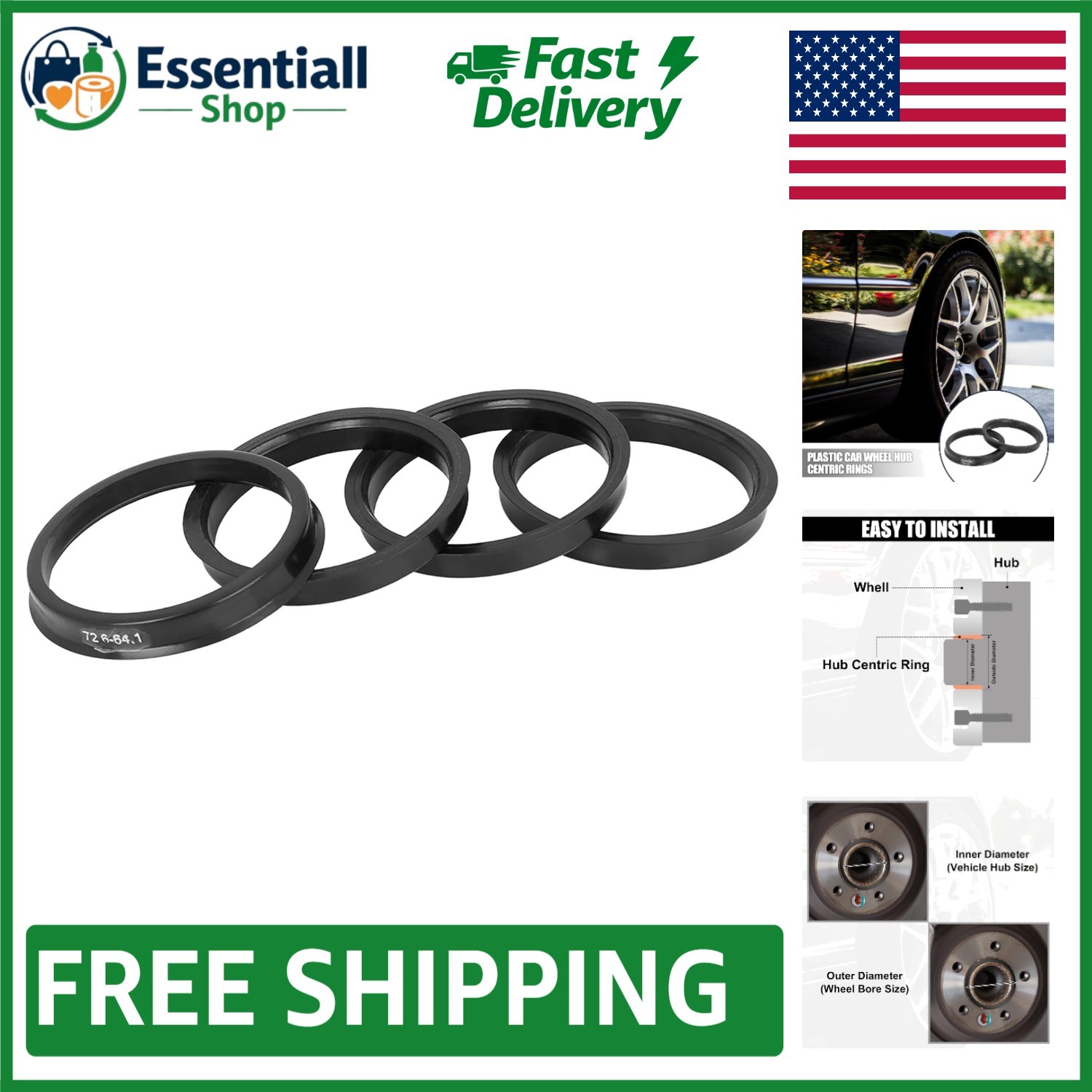 4pcs Precision Hub Centric Rings – 72.6mm OD to 64.1mm ID for Optimal Fit