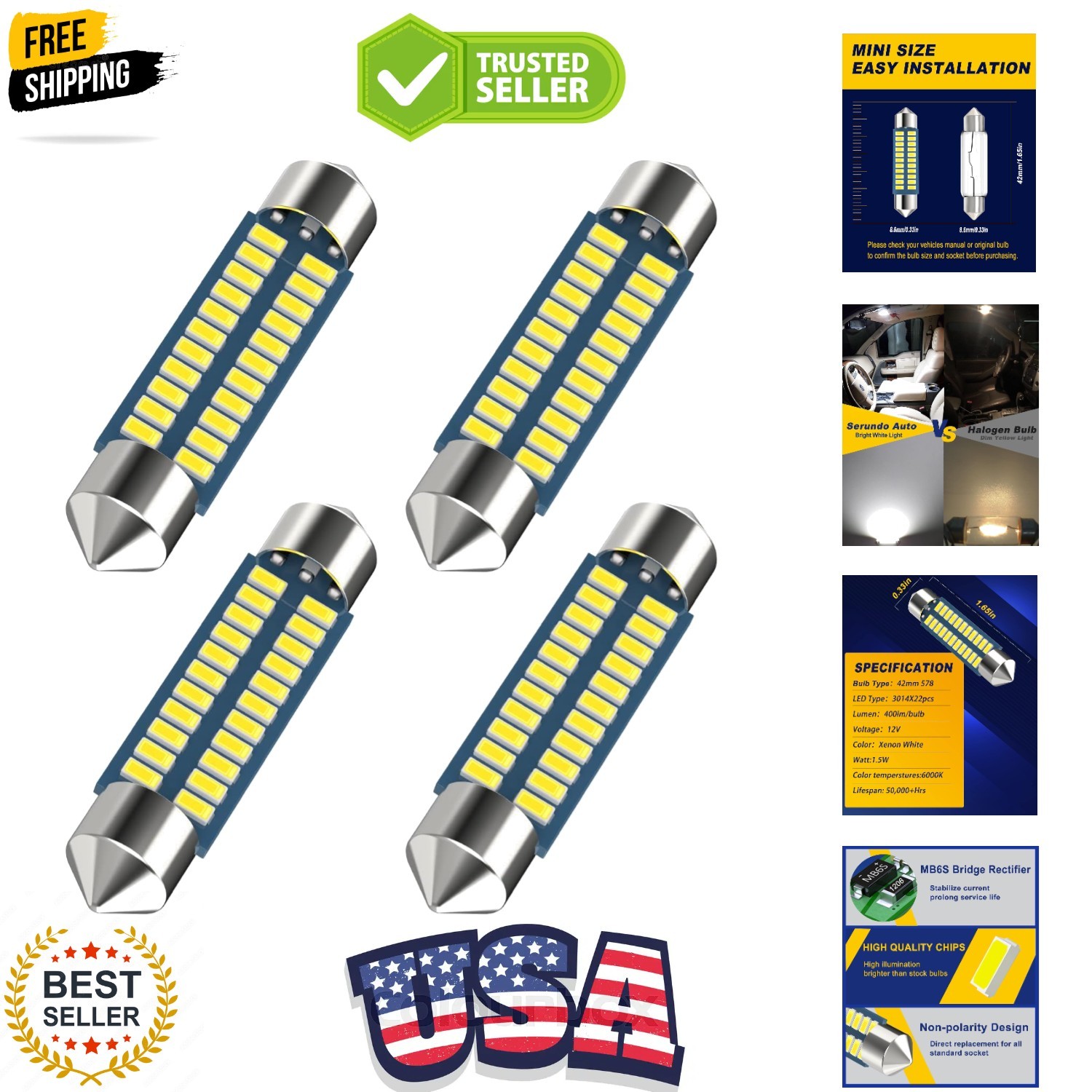 578 Led Bulb 211-2 41mm 42mm 1.65in for Car Map Light Dome Light, 6000k White…