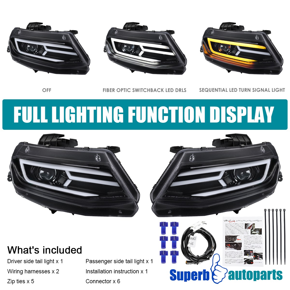 For 2016-2018 Chevy Camaro LED DRL Black Projector Headlights+Sequential Pair