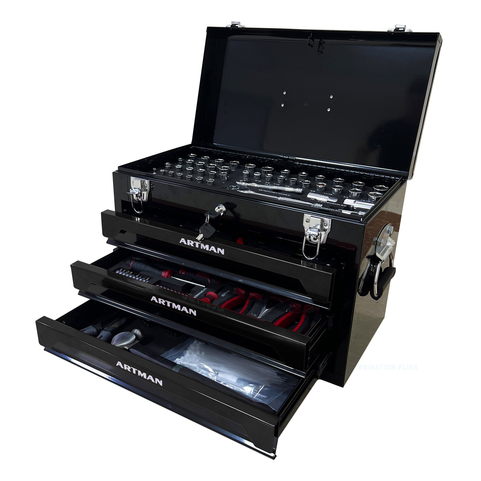20″ Portable Steel 3-Drawer Toolbox with Latches Top Tray& Handle Garage Storage