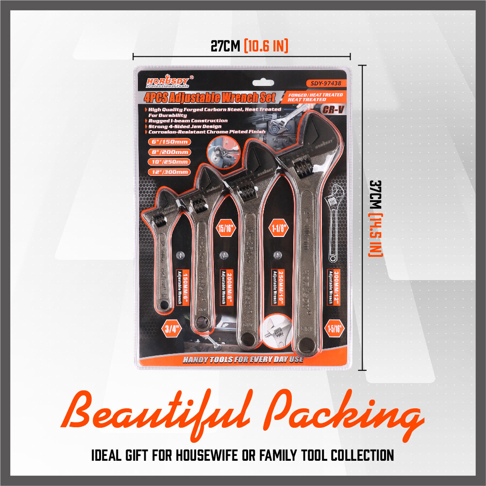 4 Pc Adjustable Wrench Set Forged 6 inch 8 inch 10 inch 12 inch Calibration CR-V
