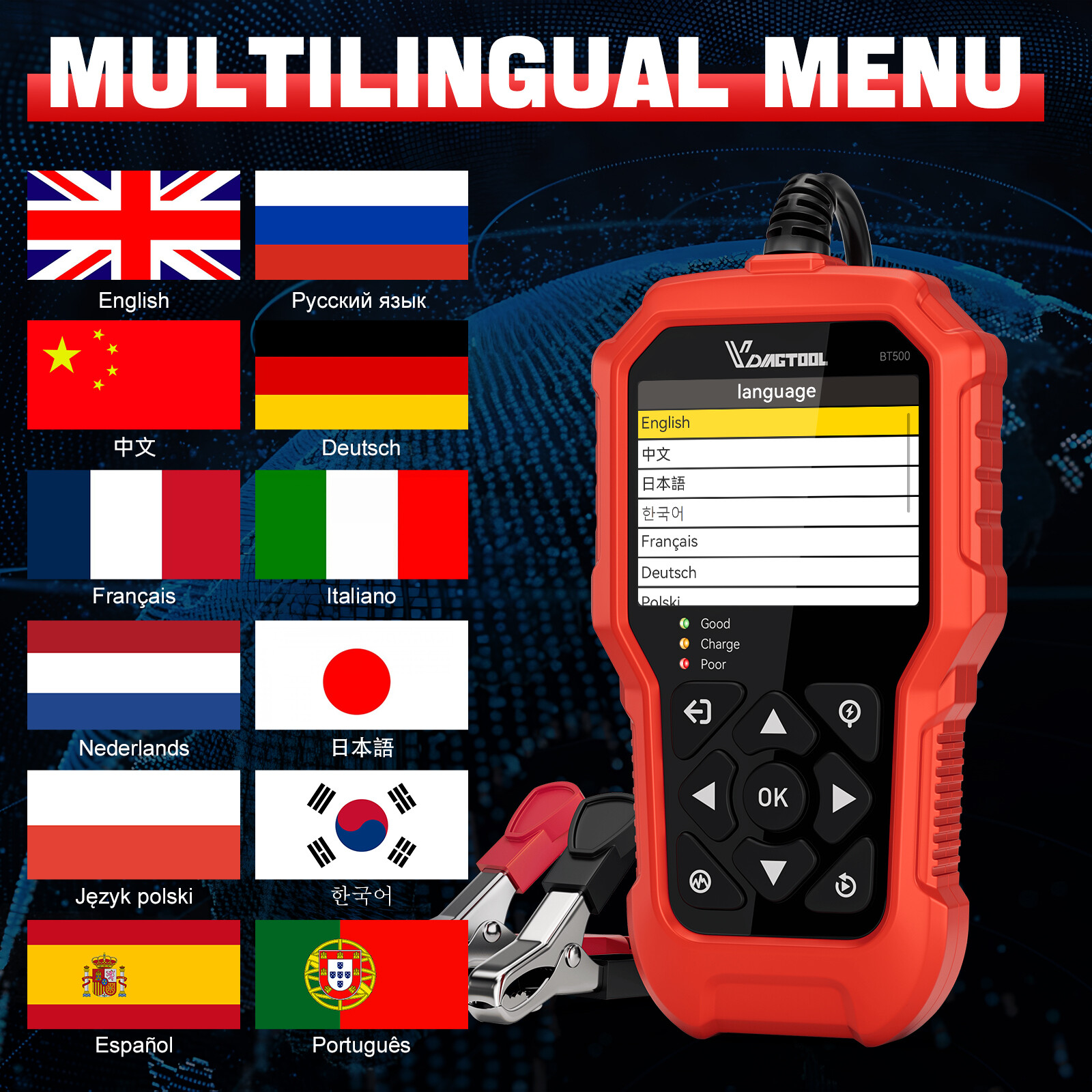 VDIAGTOOL BT500 12V 24V Car Battery Tester Battery Load Tester Battery Analyzer