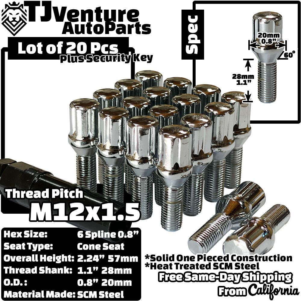 20Pc Chrome M12x1.5 Tuner Spline Lug Bolts 28mm Shank+Key Fit BMW E Body Models