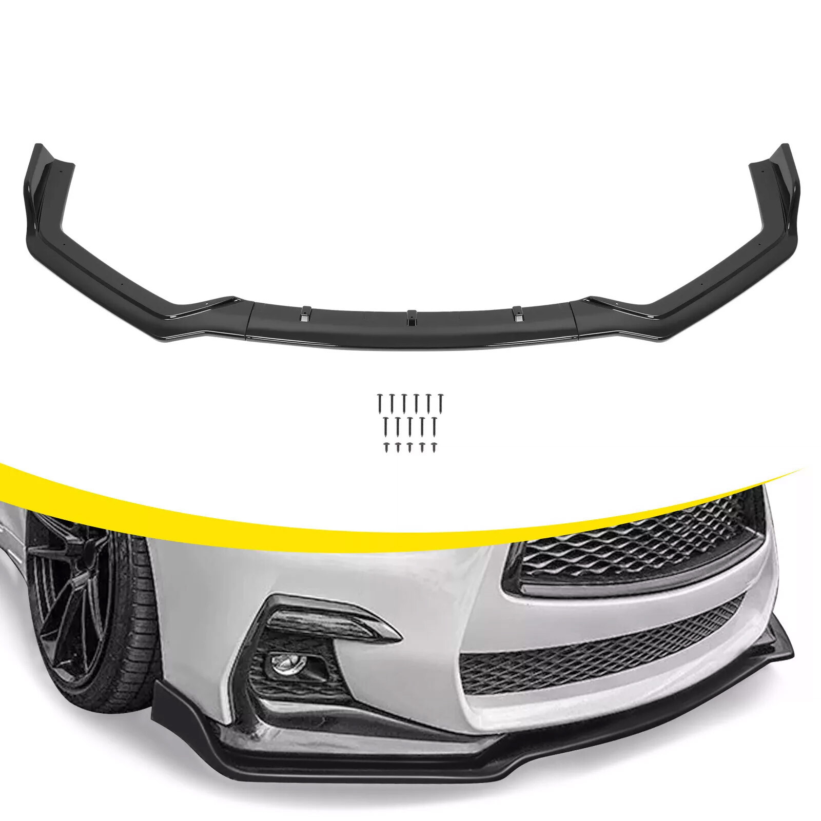 Fits Infiniti Q50 Sport 18-23 Gloss Black PP 3PC Front Bumper Lip Chin Splitter