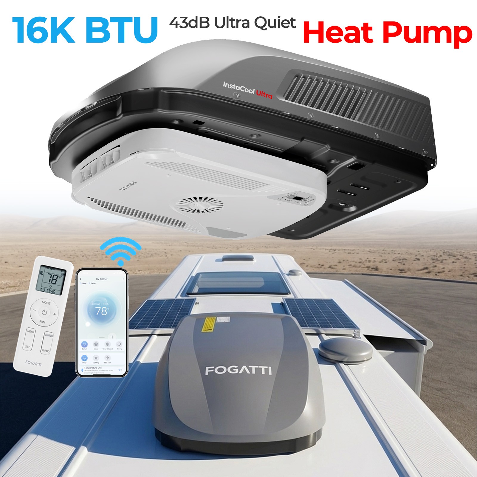 Fogatti Rooftop RV Air Conditioner 16K BTU Heat Pump InstaCool Ultra Non-Ducted