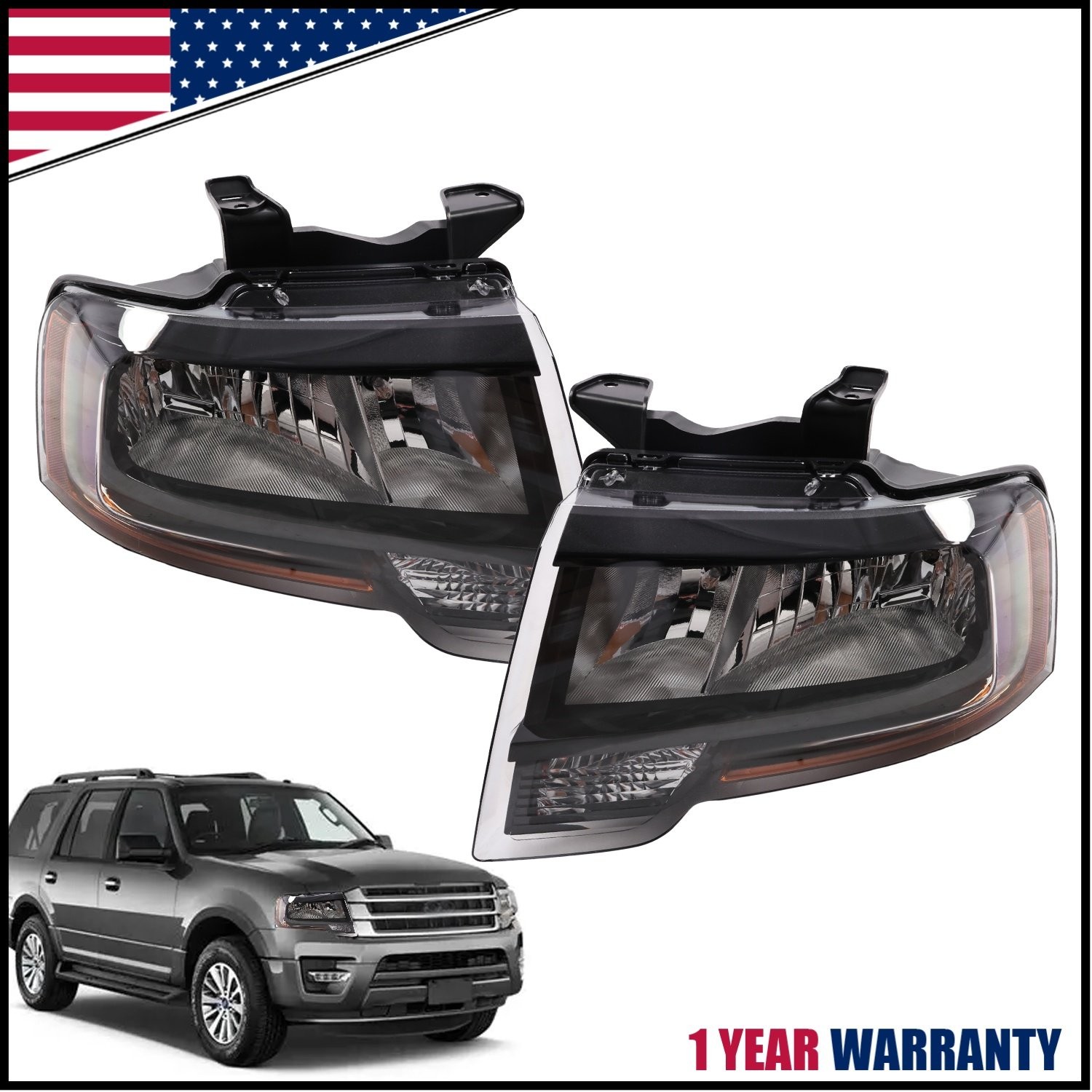 Halogen Headlights Pair Left+Right For 2015-2017 Ford Expedition Black Reflector