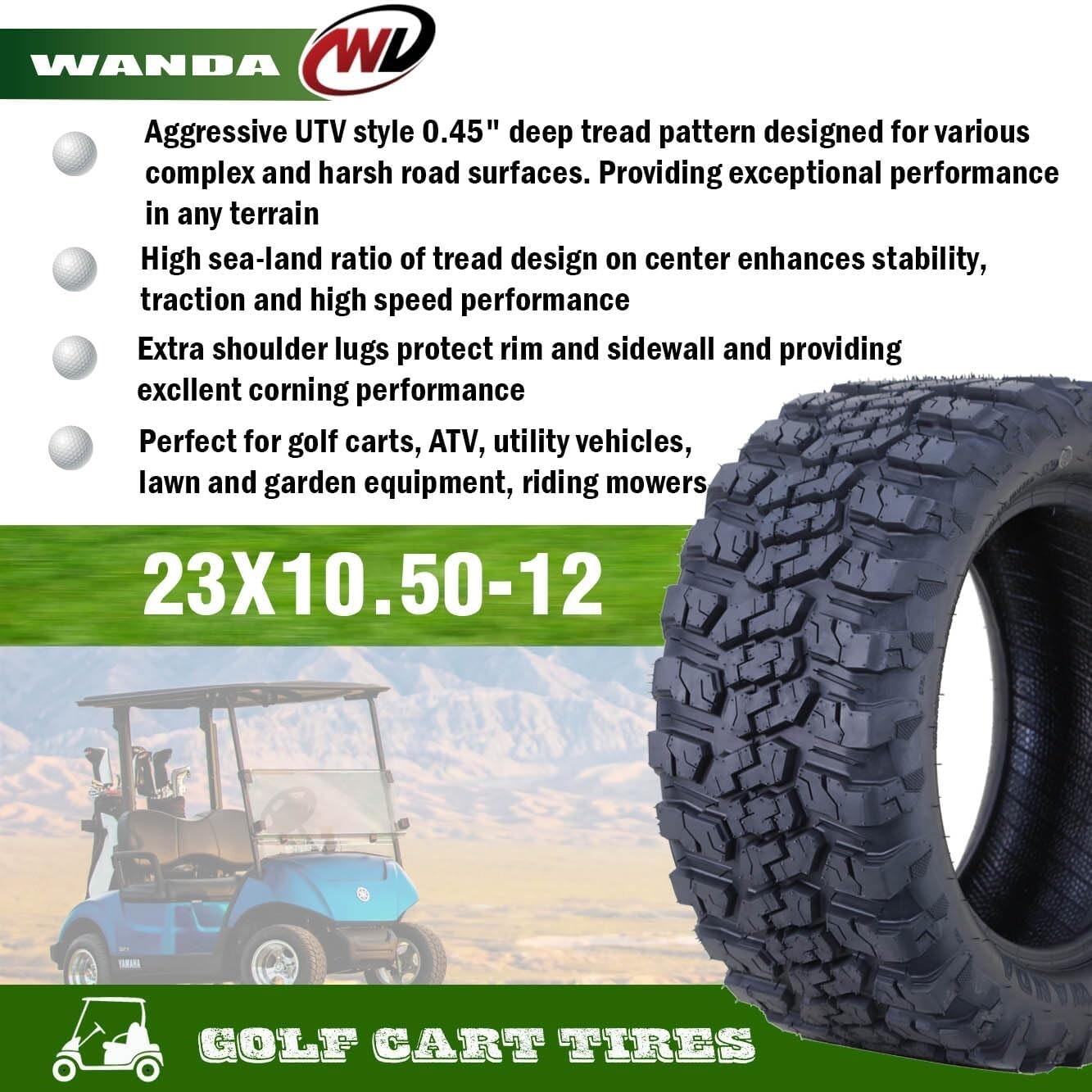 WANDA 23×10.5-12 All Terrain Golf Cart Tires 4 Ply 23×10.5X12 -Set 4 -14057
