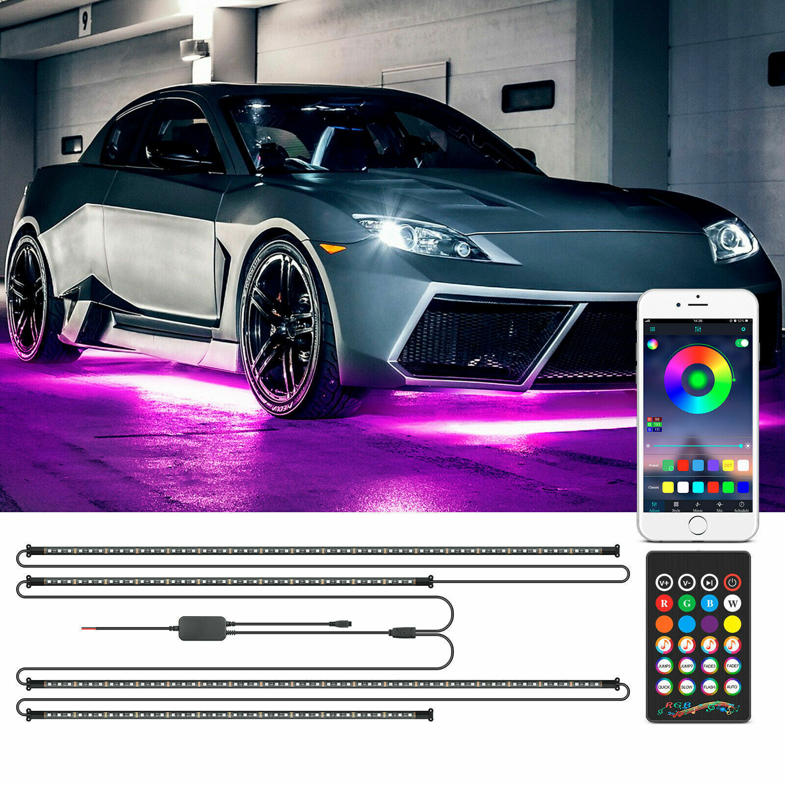 Bright 1200lm RGB Underglow Lights 4PCS Kit w/Remote for Car SUV Truck Exterior