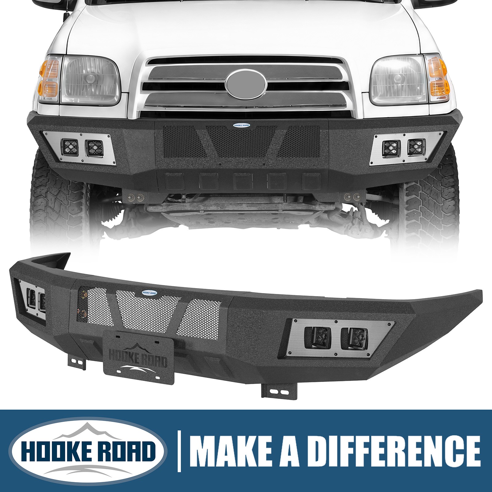Hooke Road Black Steel Front Bumper w/4x Led Lights for Toyota Tundra 2000-2006